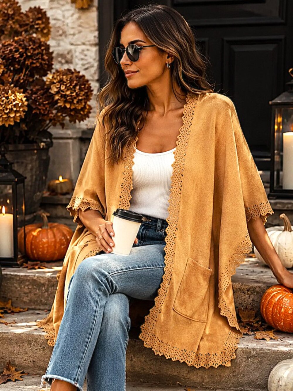 Tan faux suede wrap with pockets